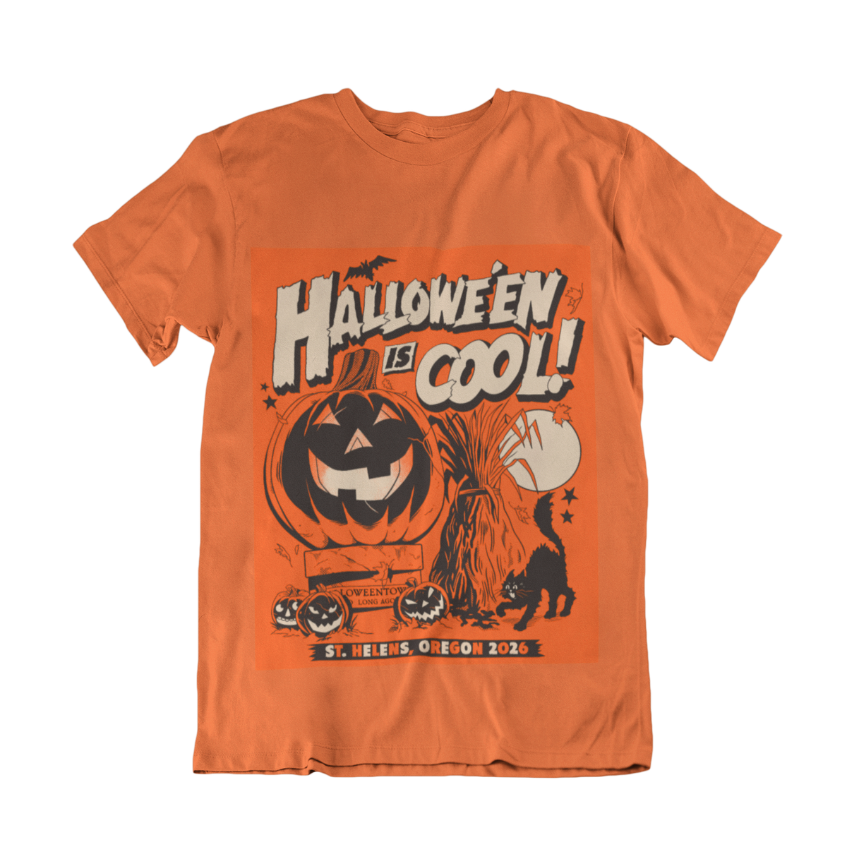 An orange crewneck t-shirt featuring a Halloween graphic print with the text 'HALLOWEEN IS COOL!' and illustrations of a jack-o'-lantern, a witch's hat, a broom, a cat, and pumpkins.