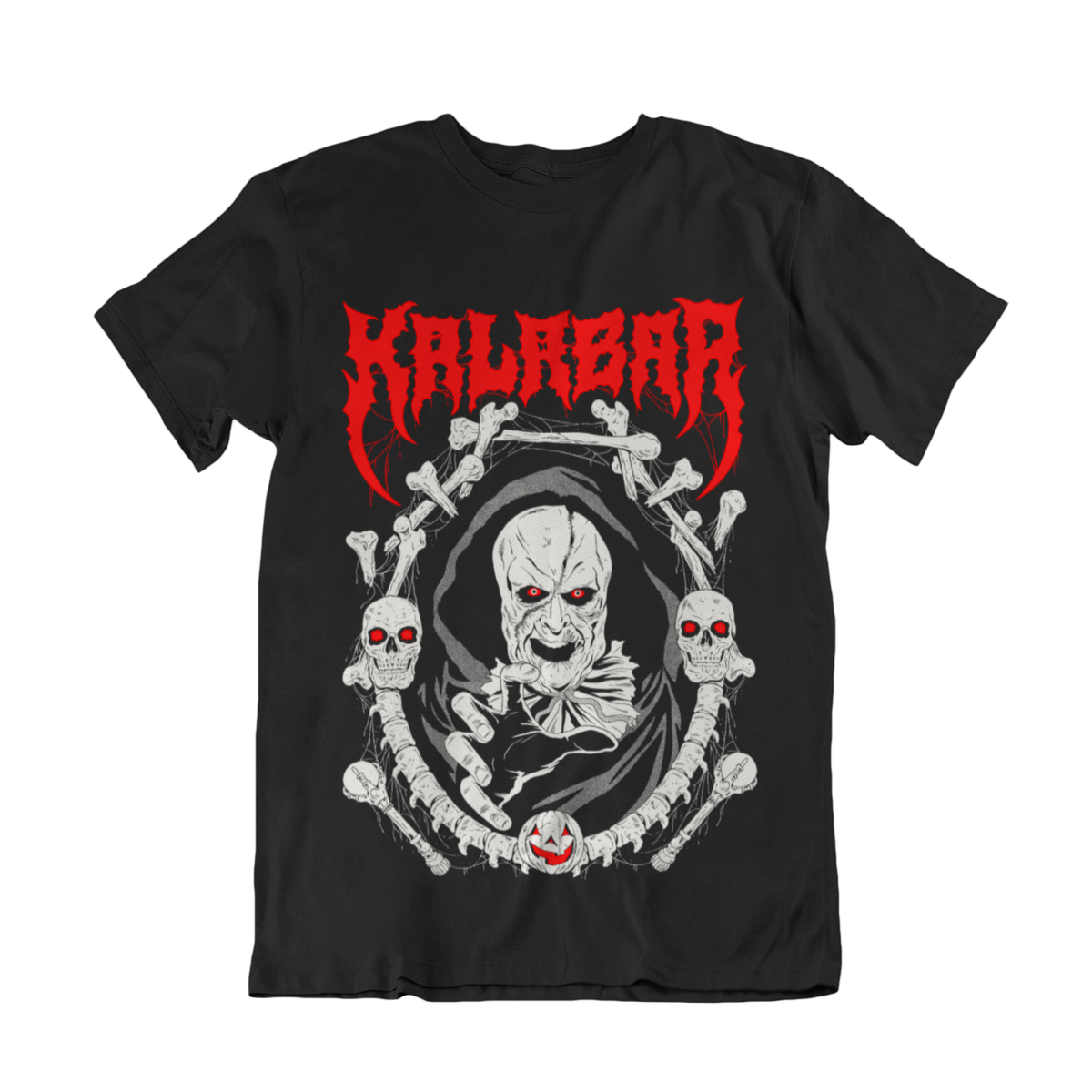 A black short-sleeve graphic t-shirt featuring the band name 'KALABAR' in a stylized red font at the top, above a detailed white and red illustration of a skull-faced figure with bones and skulls.